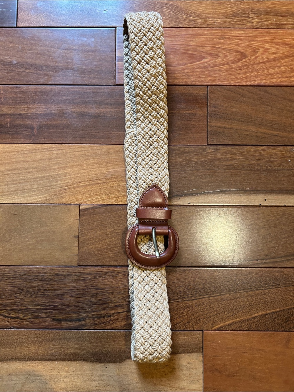 Patricia Nash Cream Braided Belt with Brown Leather Round Buckle